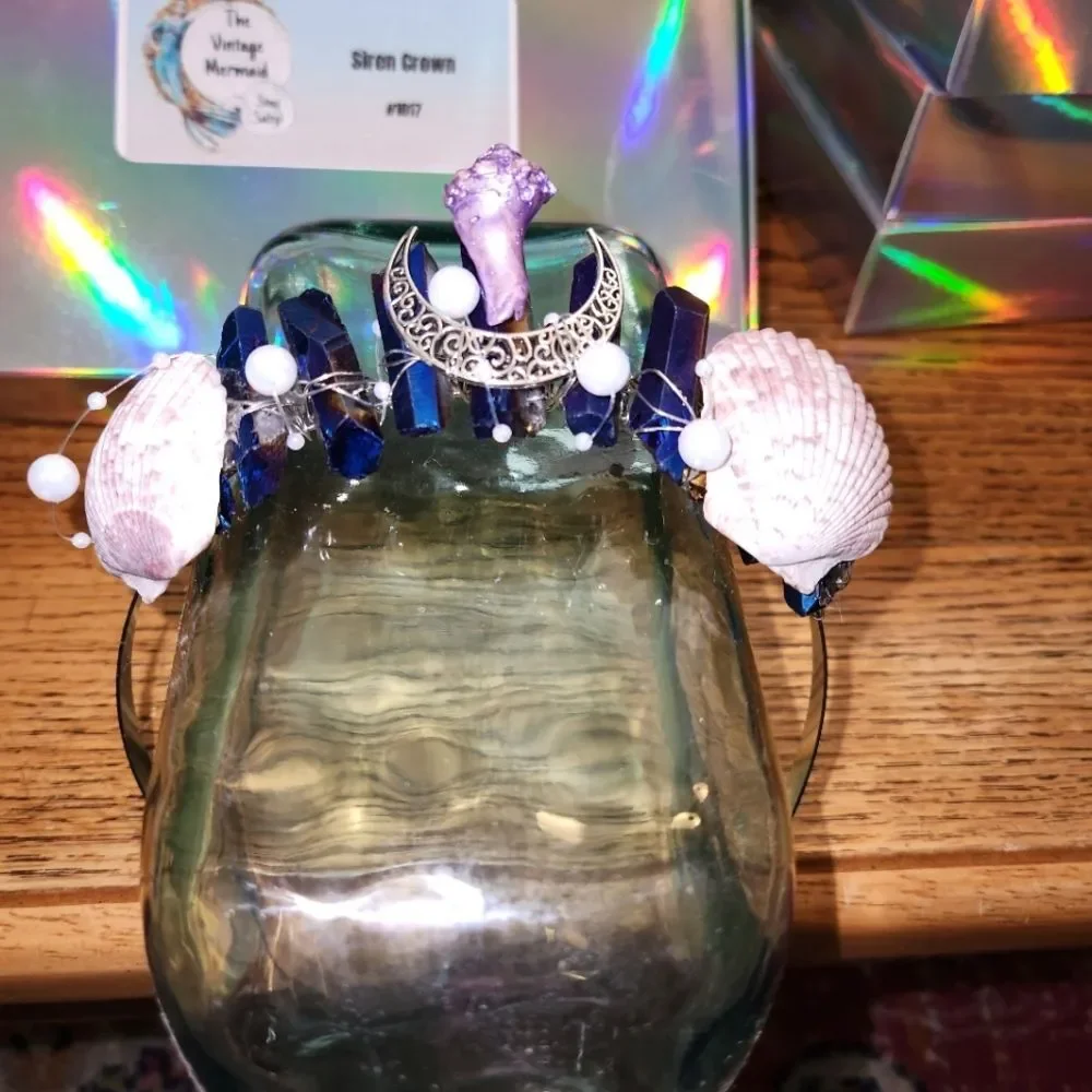 Siren Crown Blue Irredessant Crystal Quartz, Shell, Pearl, and Moon!